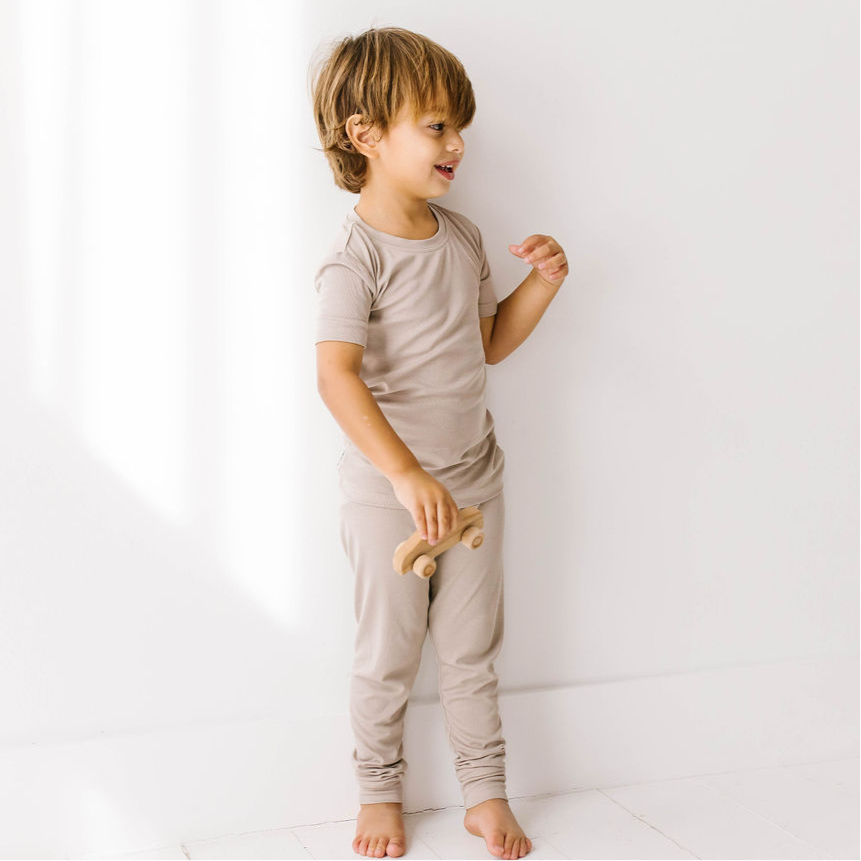 Taupe Mini Ribbed Two Piece Kid's Jammie Set